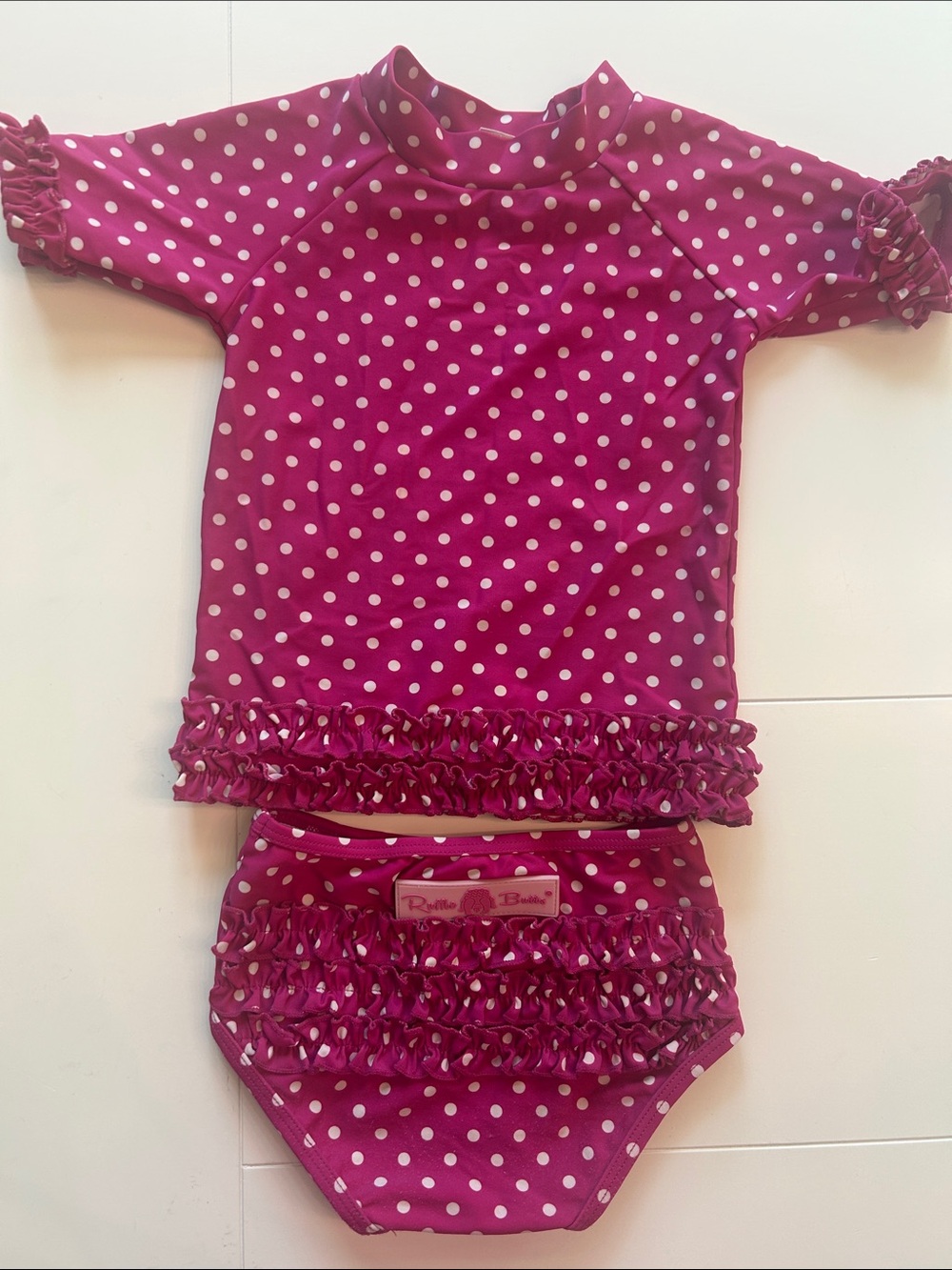 Ruffle Butts Magenta Polka Dot Ruffle Swim Set - White Dots